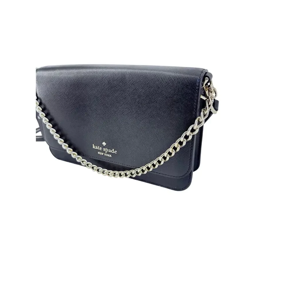 Kate Spade Madison Saffiano Leather Flap Crossbody Black  Strap Bag gold chain